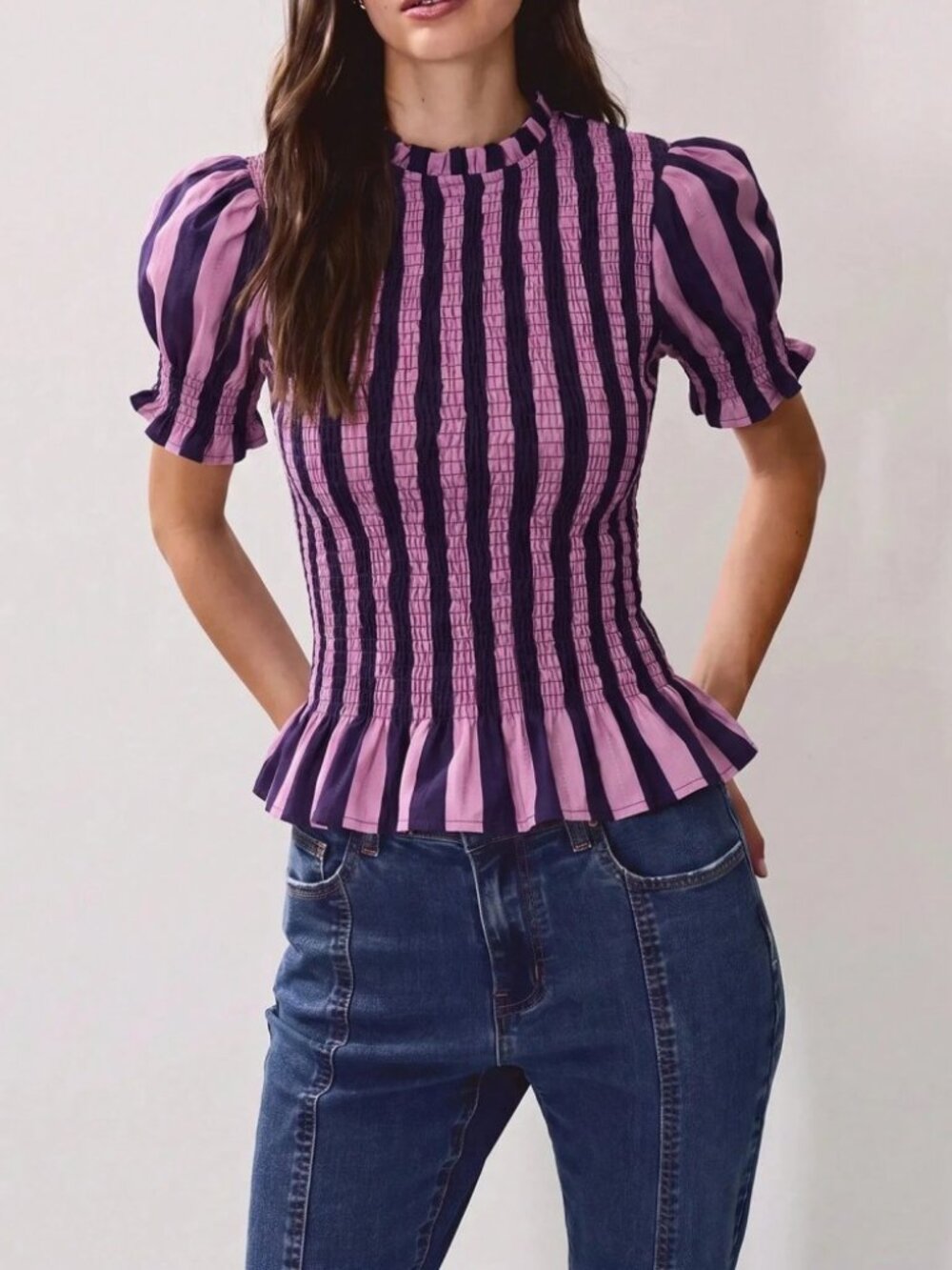 Purple Striped Smocked Peplum Top with Puff Sleeves